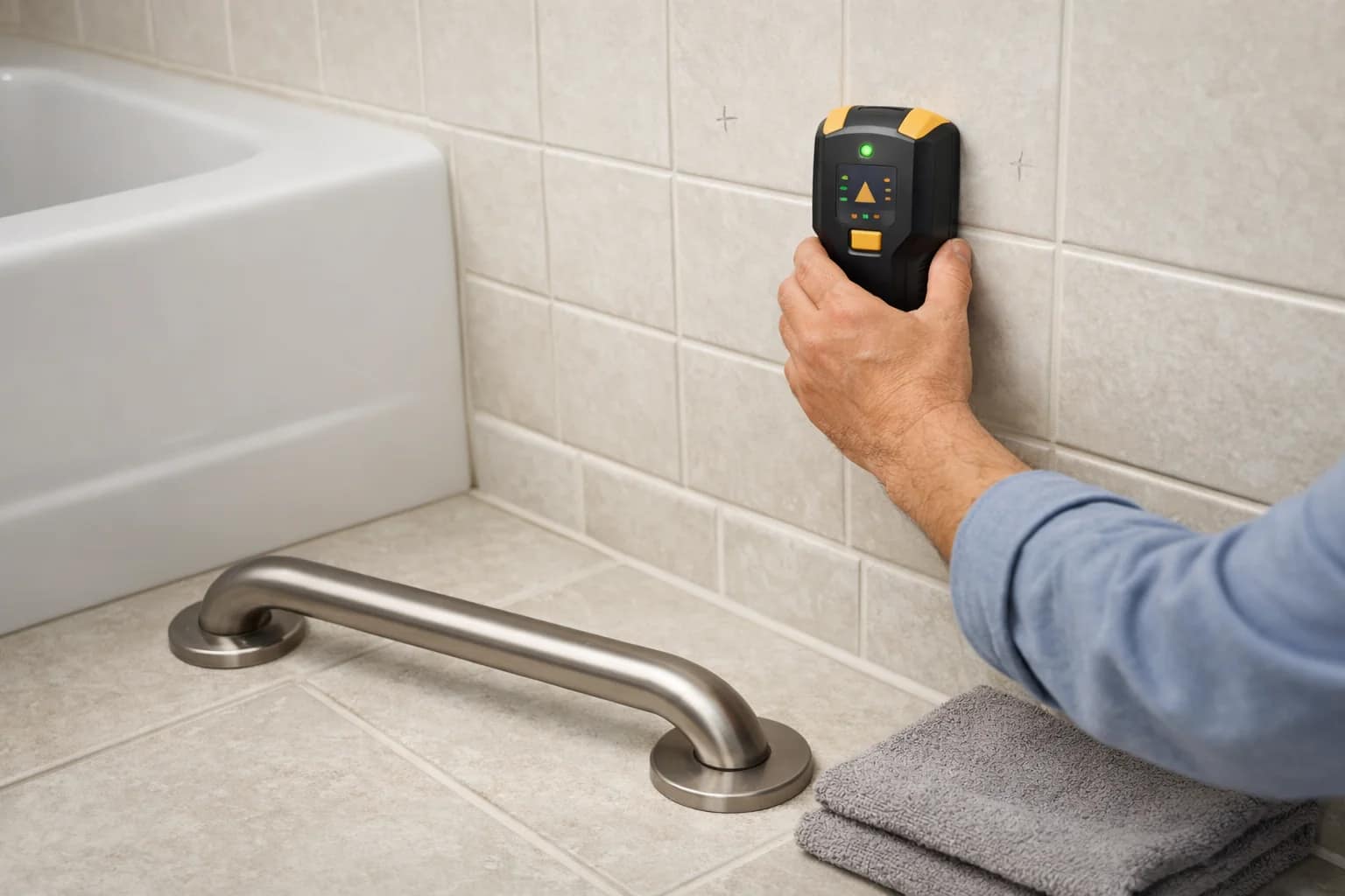 stud finder detecting wall studs on a tiled bathroom wall with a grab bar placed on the floor before installation