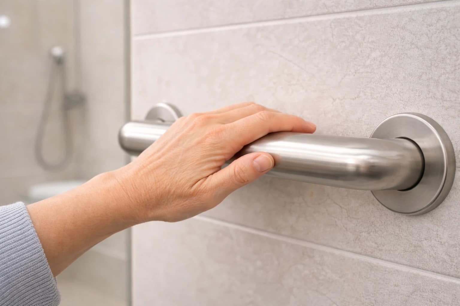 elderly hand resting on grab bar using palm support technique for users with weak grip strength