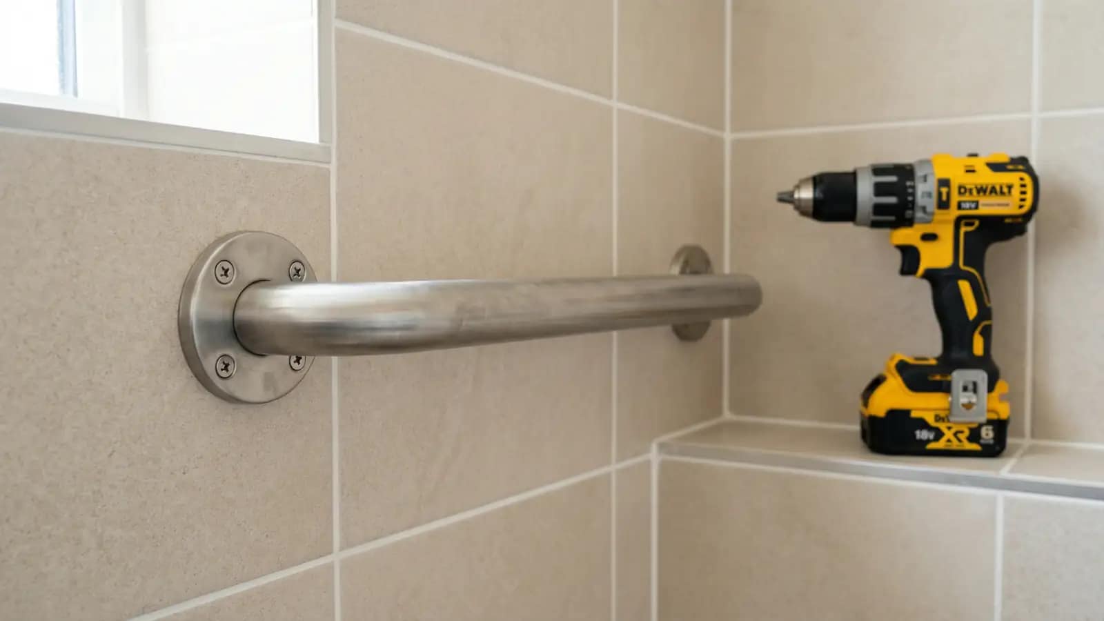 securely installed grab bar on a tiled wall with a drill placed nearby after installation