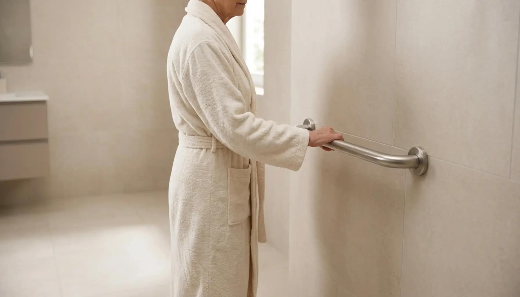 older adult holding a wall mounted grab bar at a natural and comfortable height