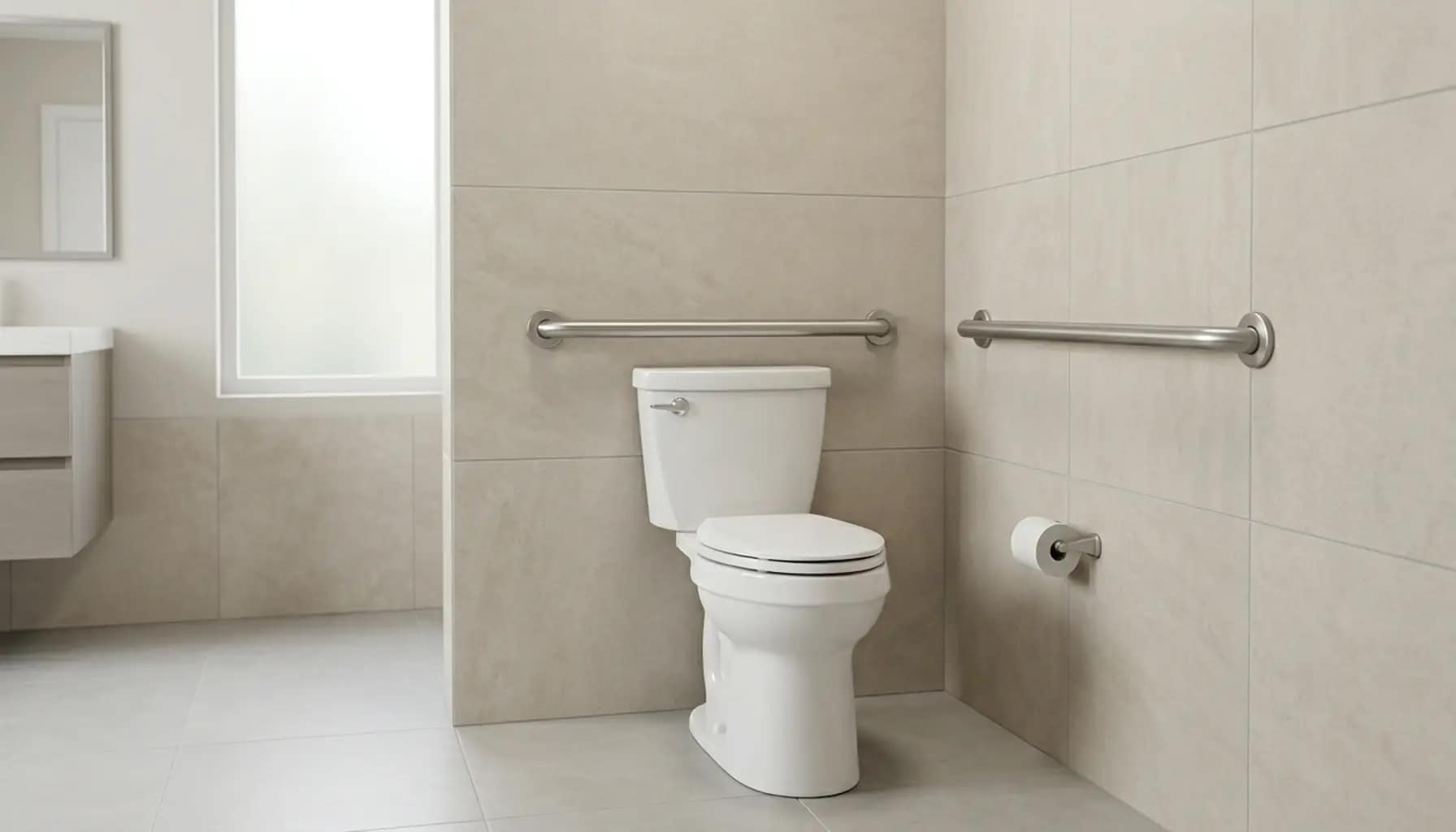 ADA grab bar requirements shown with horizontal grab bars installed around a toilet