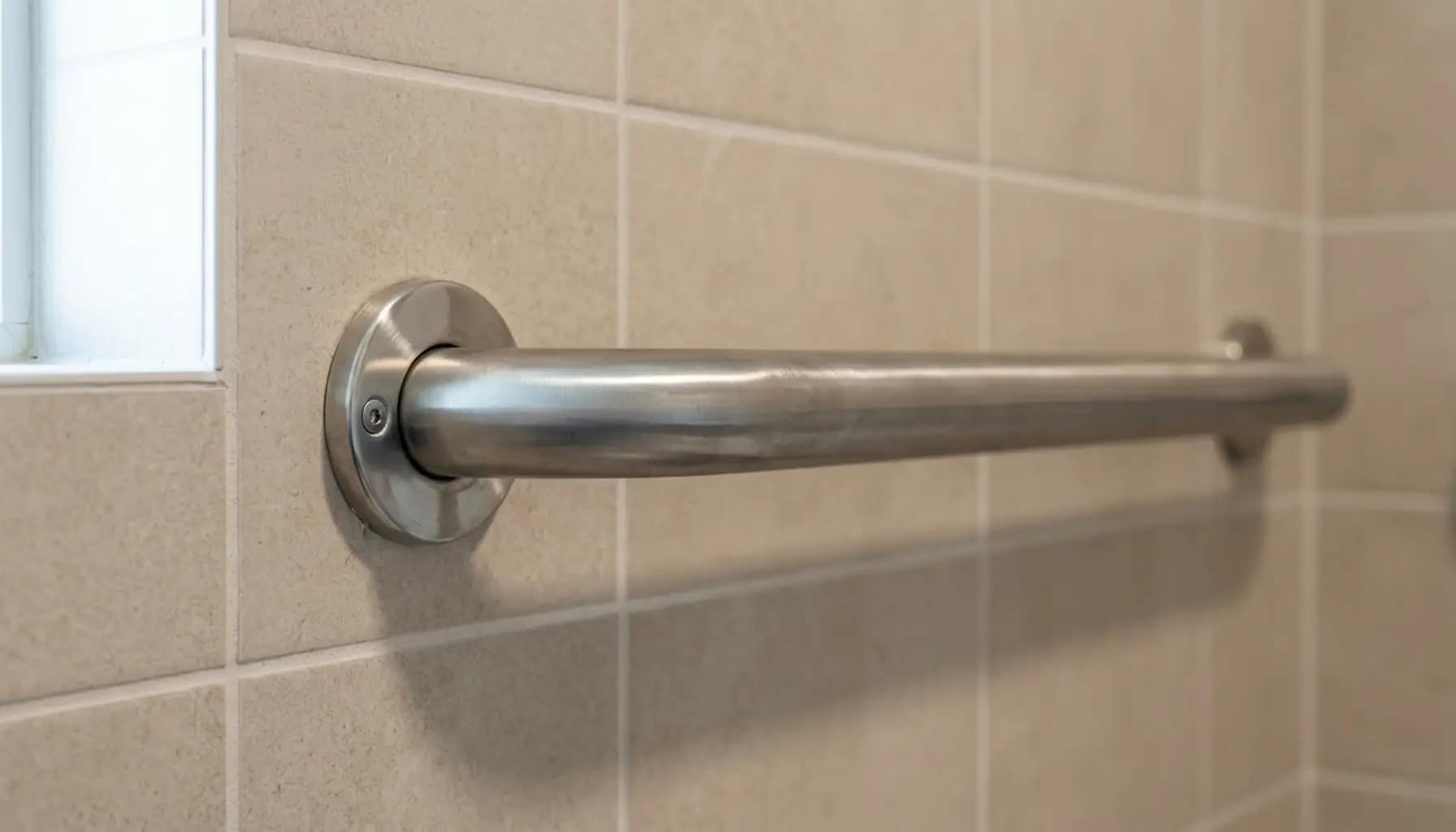 close up of a wall mounted grab bar showing the space between the bar and the wall