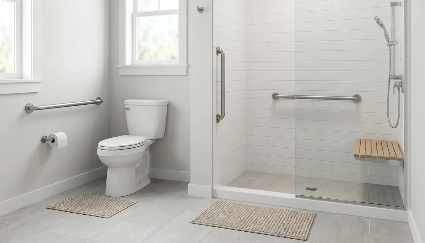 bathroom safety checklist for seniors showing grab bars shower seat and non slip mats in a safe layout