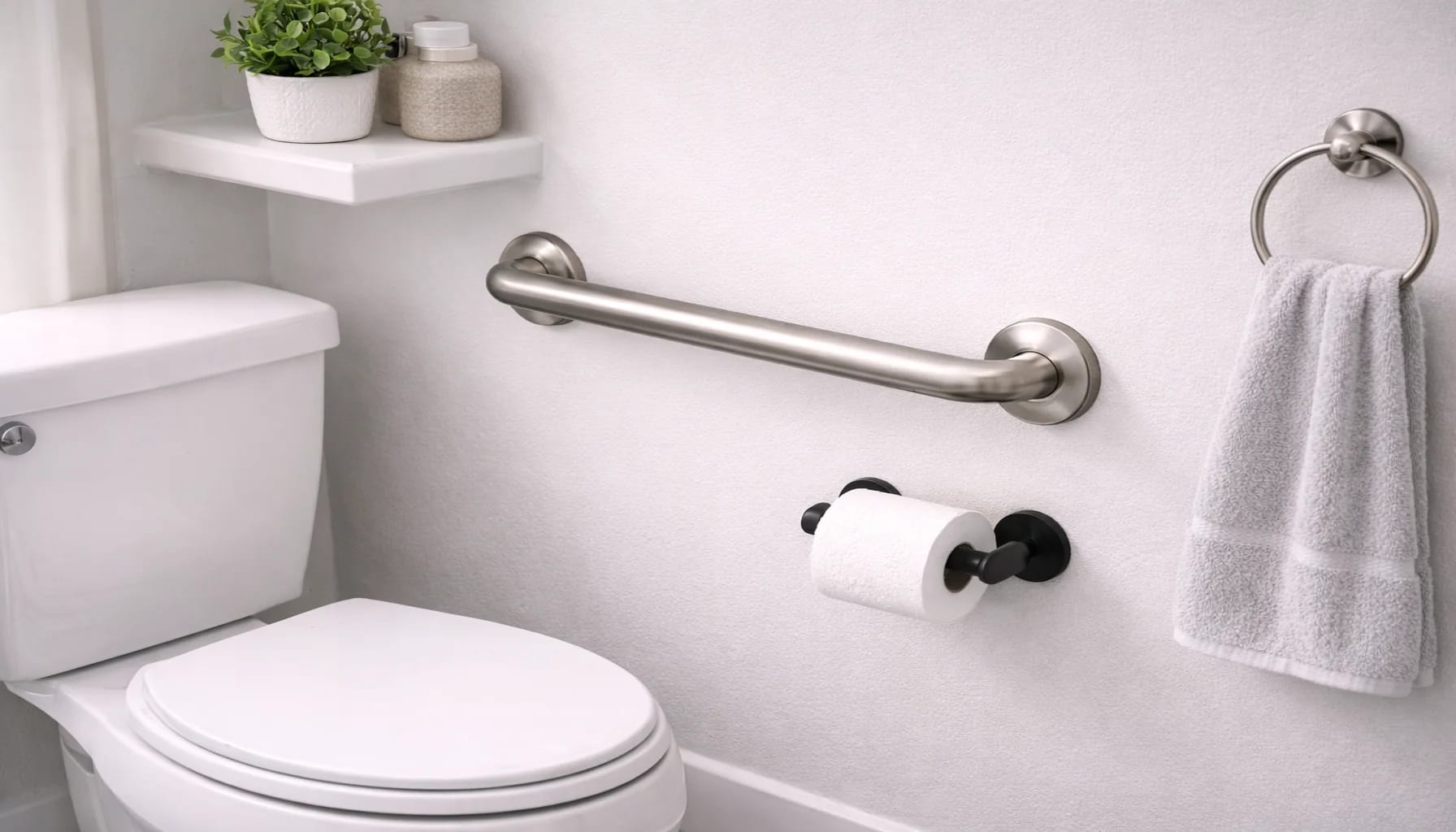can grab bars be installed on drywall with a horizontal stainless steel grab bar mounted on a painted drywall wall beside a toilet