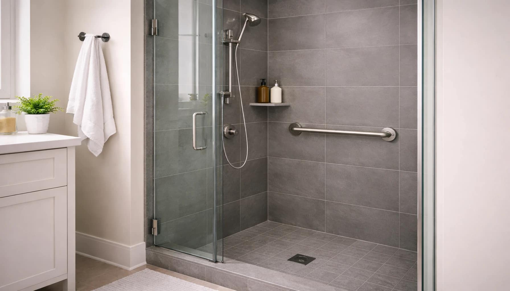 grab bar installed on slate tile wall inside a corner shower showing that grab bars can be installed without studs
