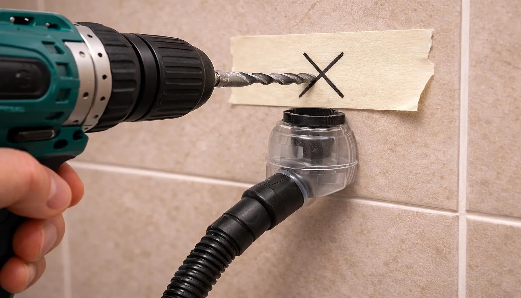 how to install grab bars in tile by drilling into bathroom tile with a power drill and dust collector