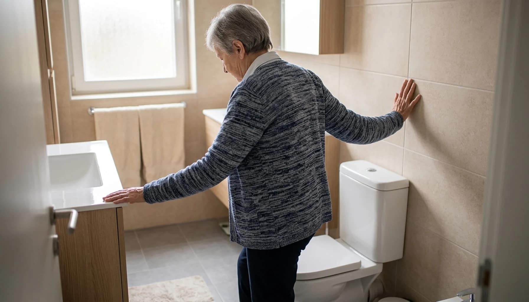 senior using wall for balance in bathroom early signs seniors need grab bars