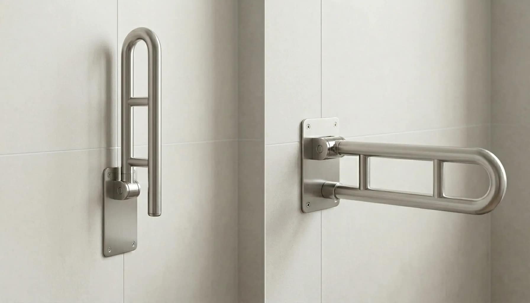 folding grab bar shown in upright and horizontal positions in a bathroom wall