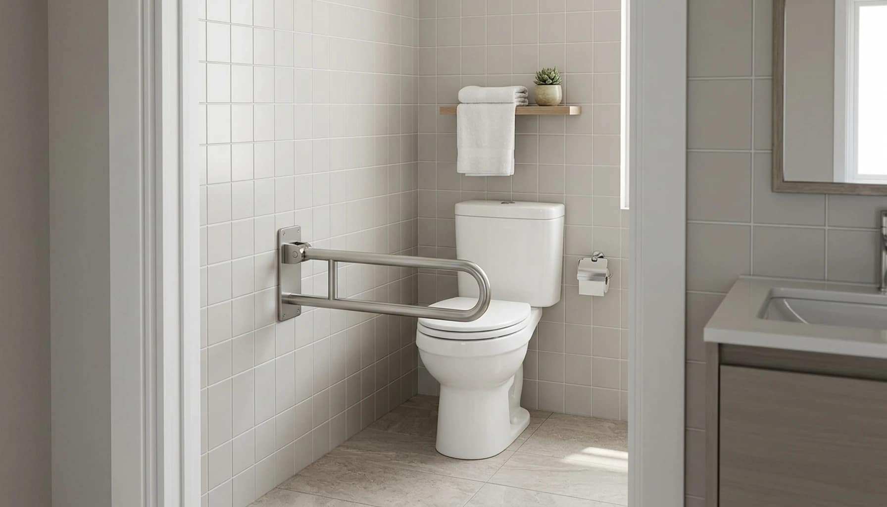 folding grab bars for bathrooms installed beside a toilet in the lowered support position