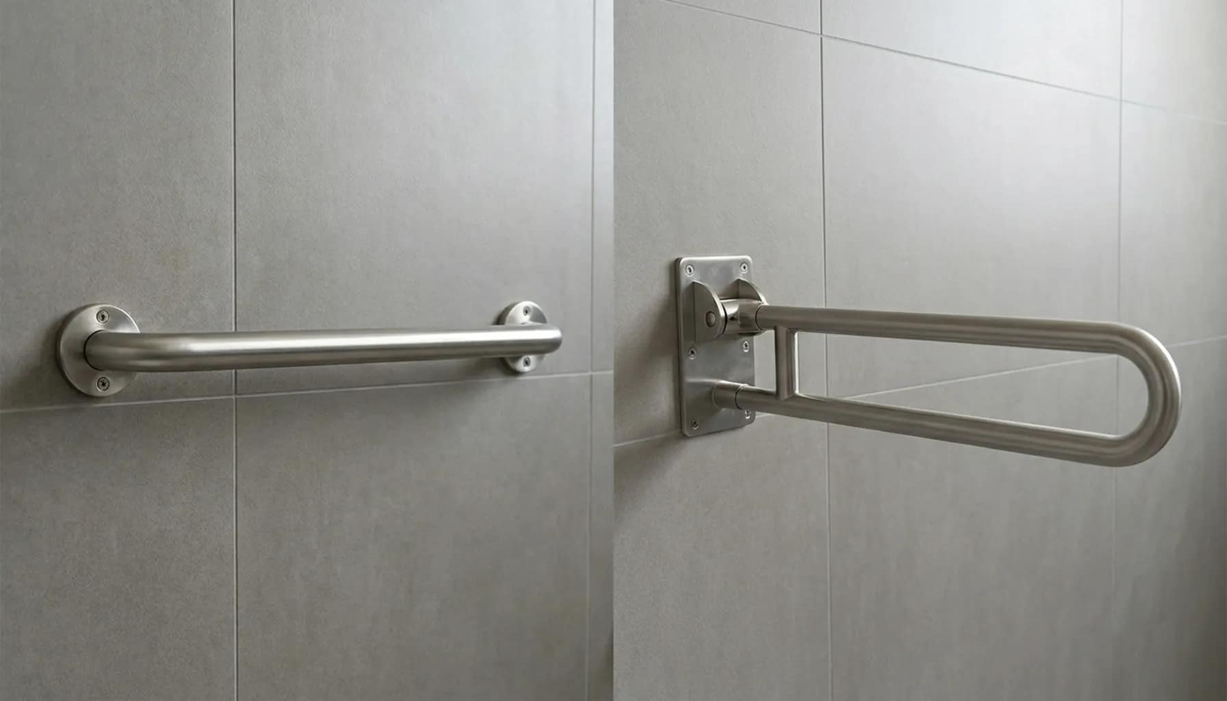 fixed grab bar and folding grab bar installed side by side on bathroom wall for comparison