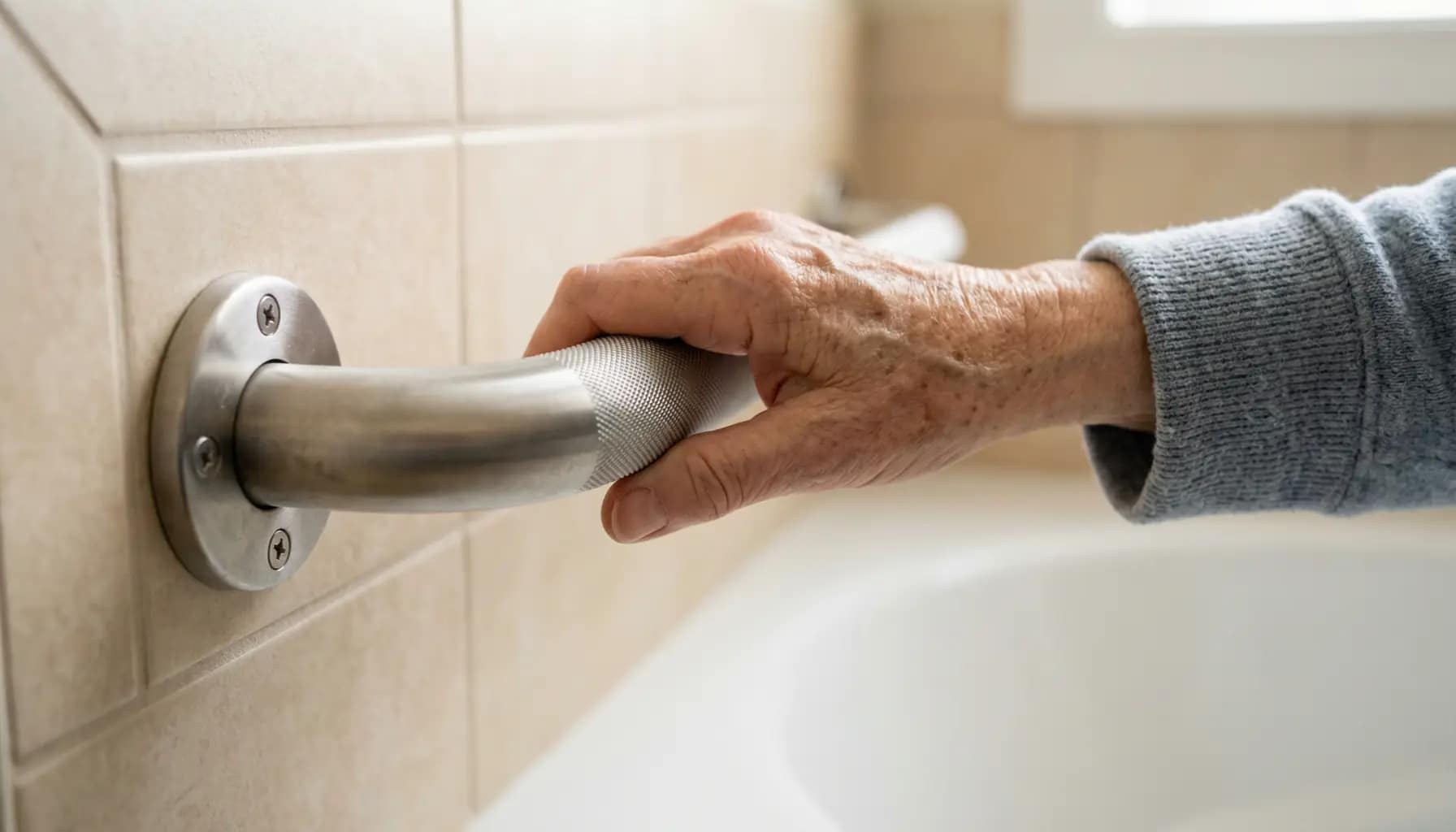 grab bars for arthritis and weak grip shown as a textured stainless steel grab bar being held comfortably on a bathtub wall