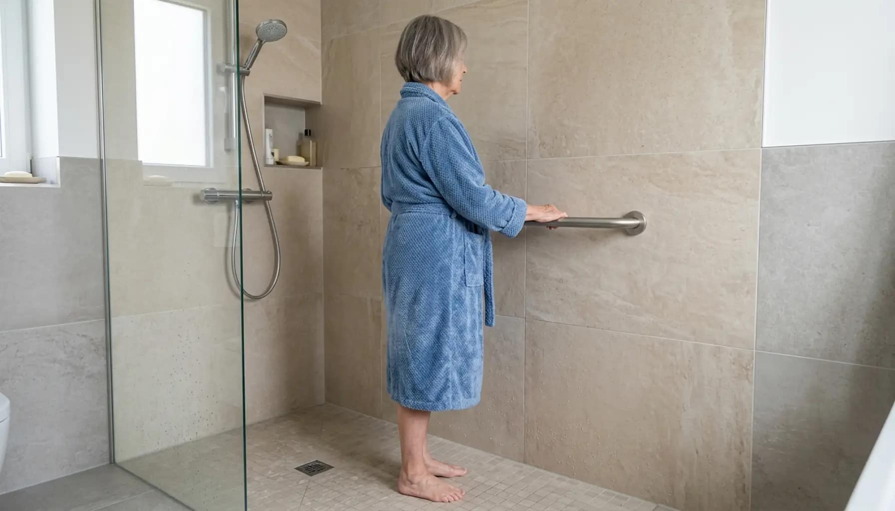 senior standing in shower holding a grab bar with a natural and comfortable arm position