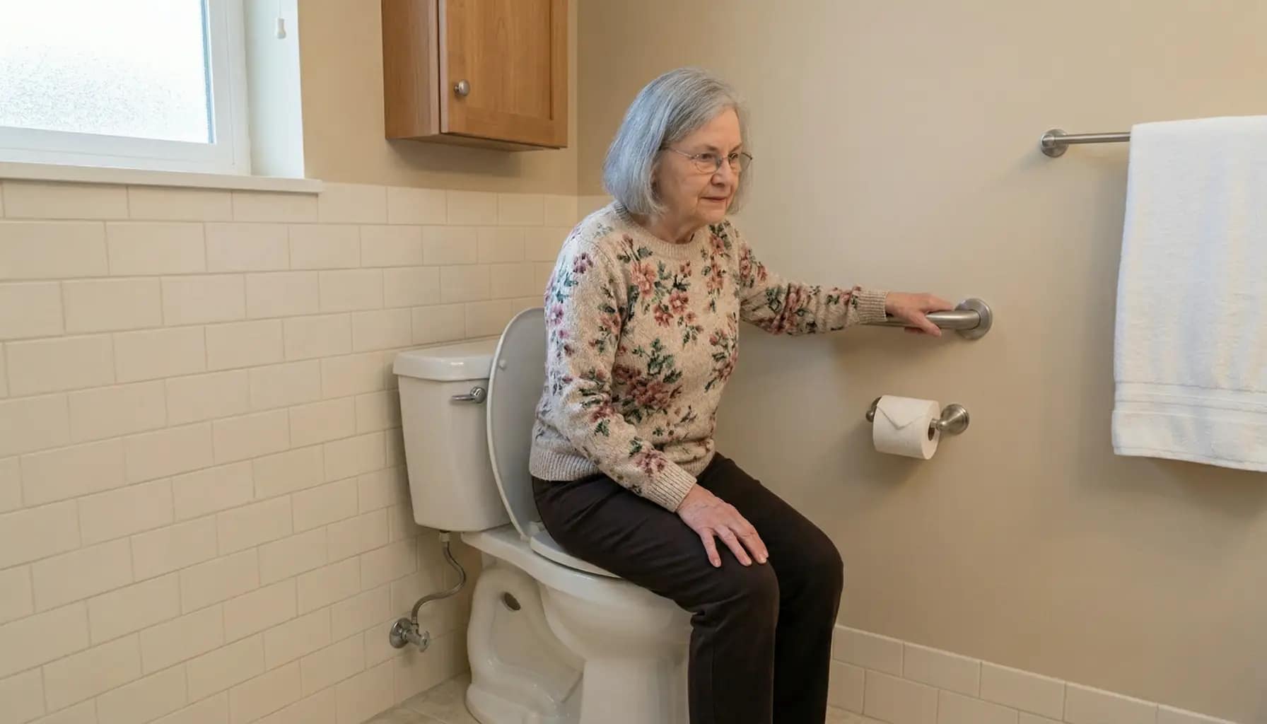 senior using a side wall grab bar at proper height while sitting on a toilet