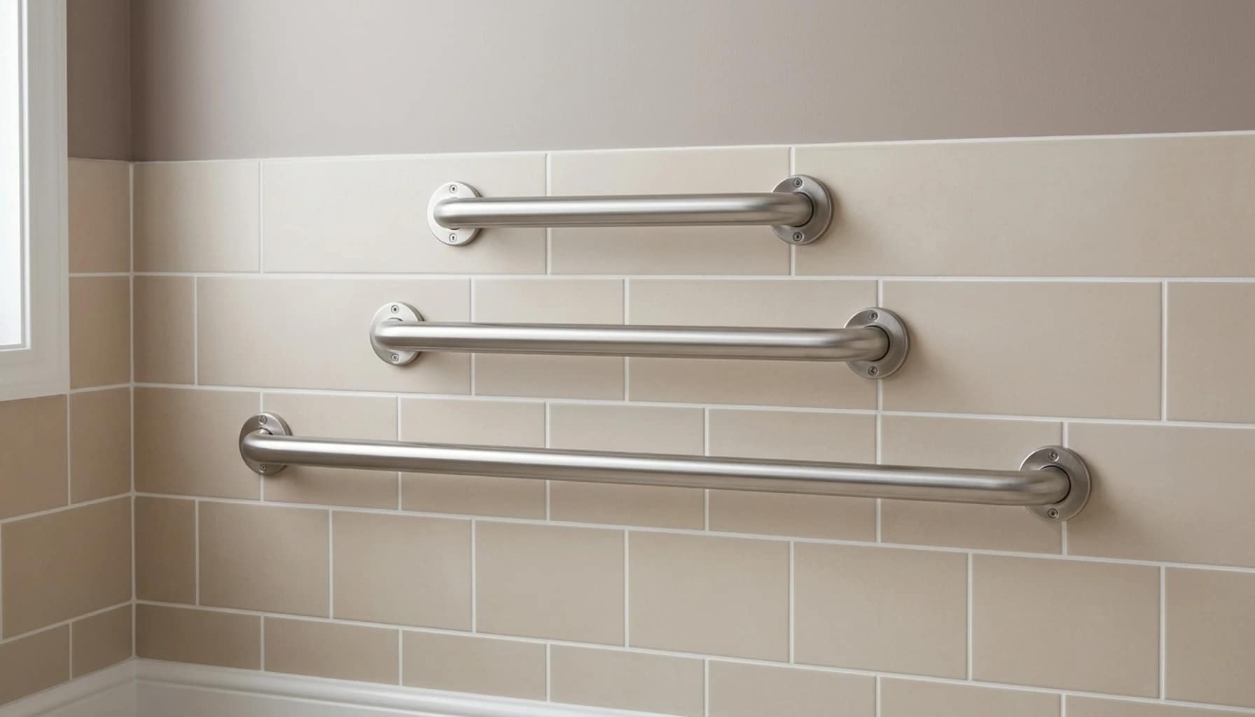 three different grab bar lengths installed on a bathroom wall for size comparison
