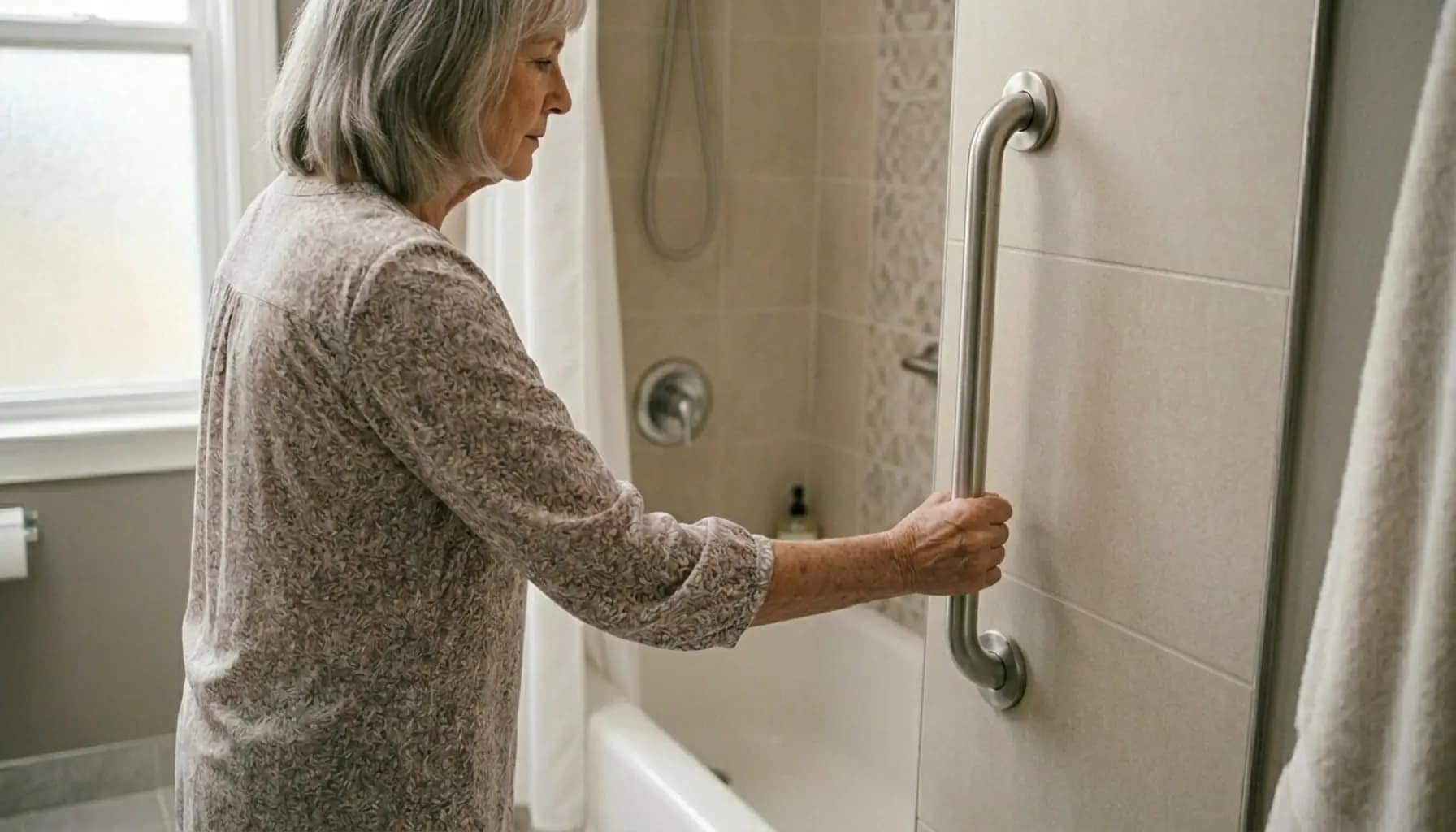 senior comfortably reaching and holding a grab bar at proper height in a bathroom