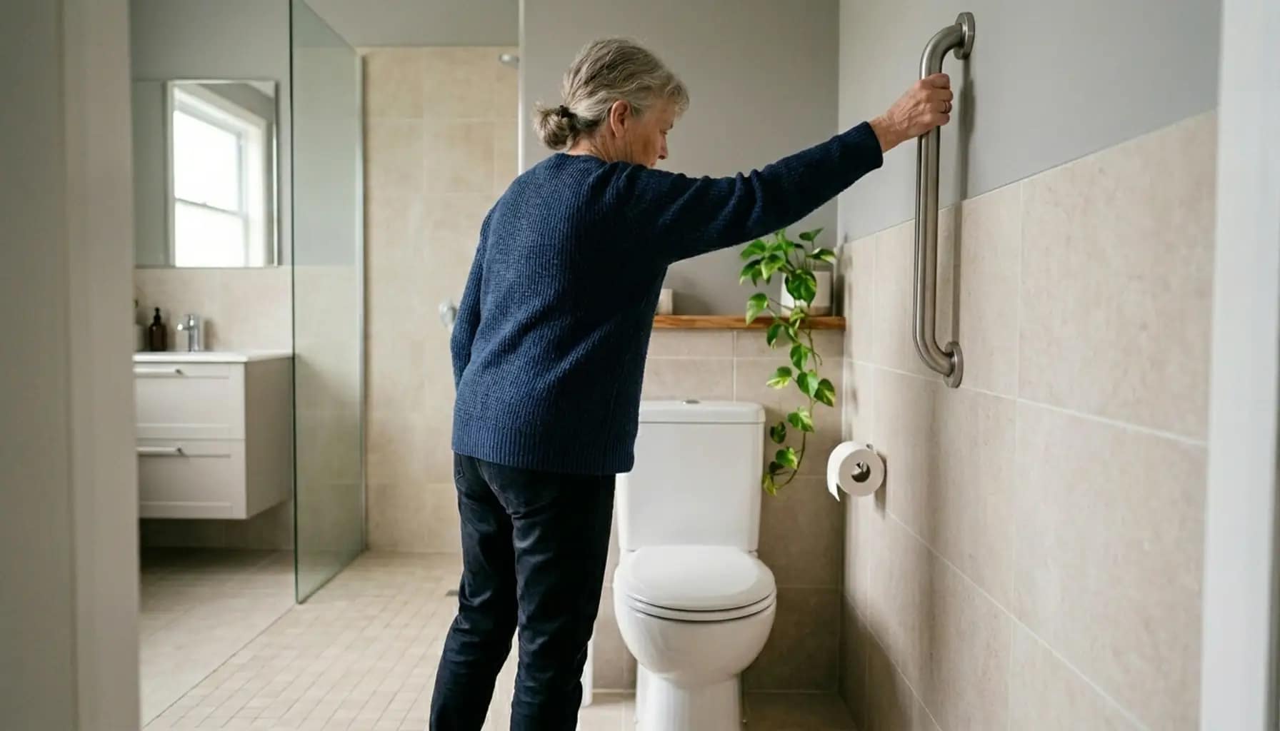 senior reaching slightly upward to use a poorly positioned grab bar in a bathroom