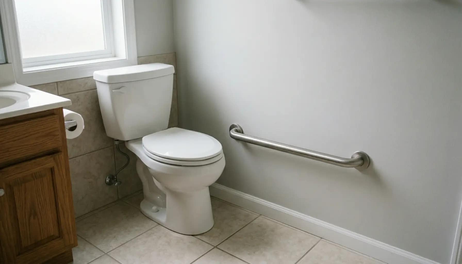 grab bar installed too low on the side wall next to a toilet showing incorrect placement