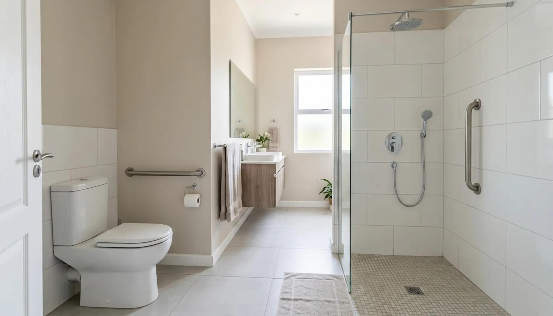 grab bars for elderly installed in bathroom near toilet and shower for safety and support