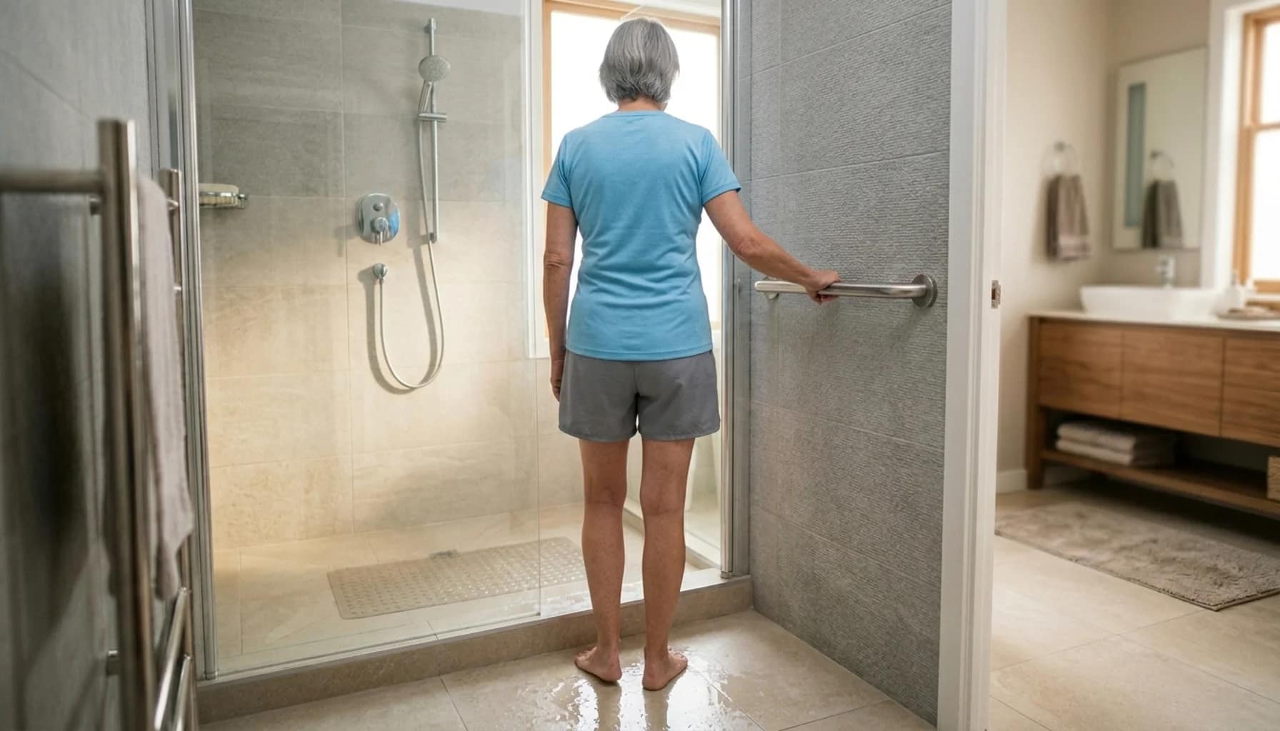 senior using grab bar in the enterance of shower to prevent falls