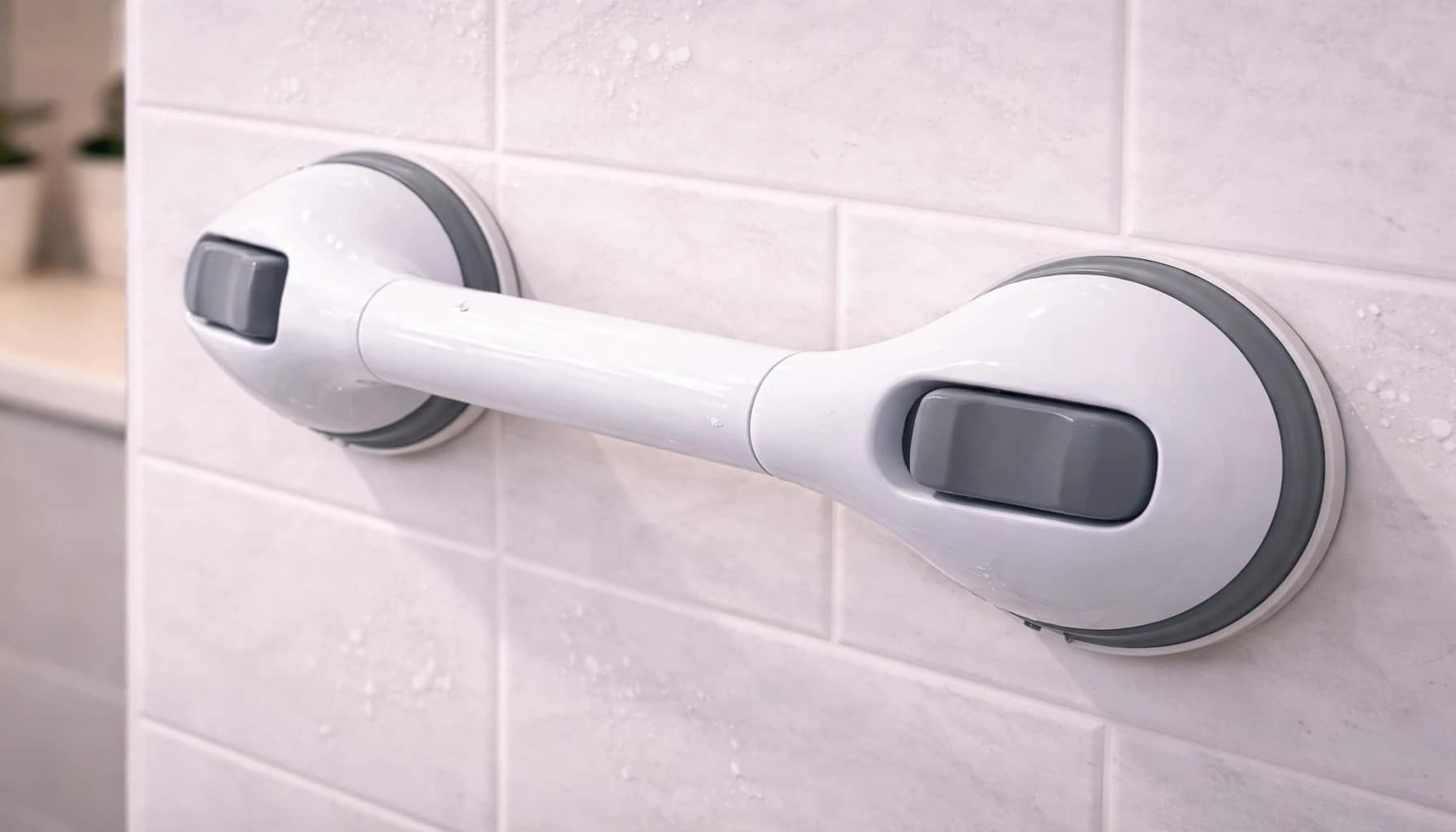 suction grab bar attached to smooth bathroom tile wall showing how suction grab bars work with locking suction cups