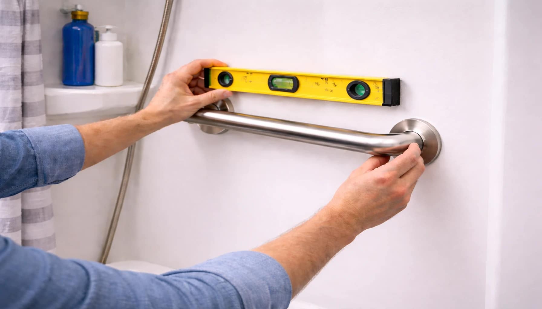 how to install grab bars in a fiberglass shower using a level to align the grab bar during installation