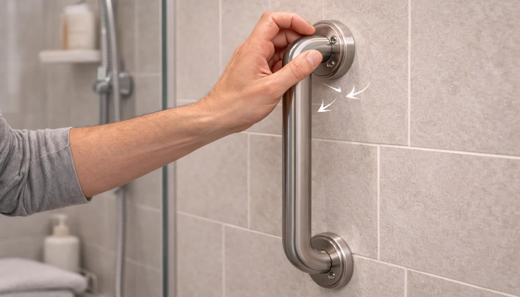 how to test grab bar stability by gently shaking a vertical bathroom grab bar near the mounting plate