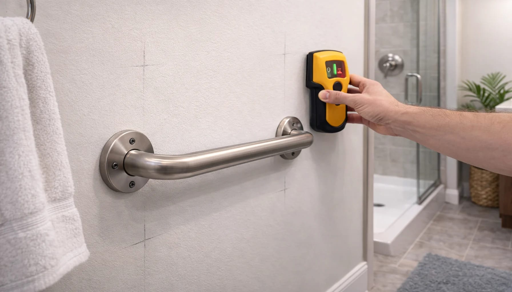 stud finder locating a wall stud beside a stainless steel grab bar mounted on painted drywall near a shower entrance