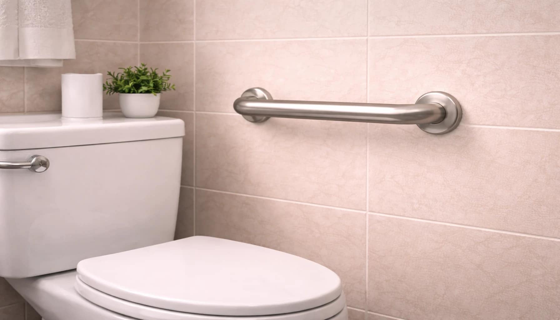 metal grab bar securely installed into bathroom wall studs beside a toilet