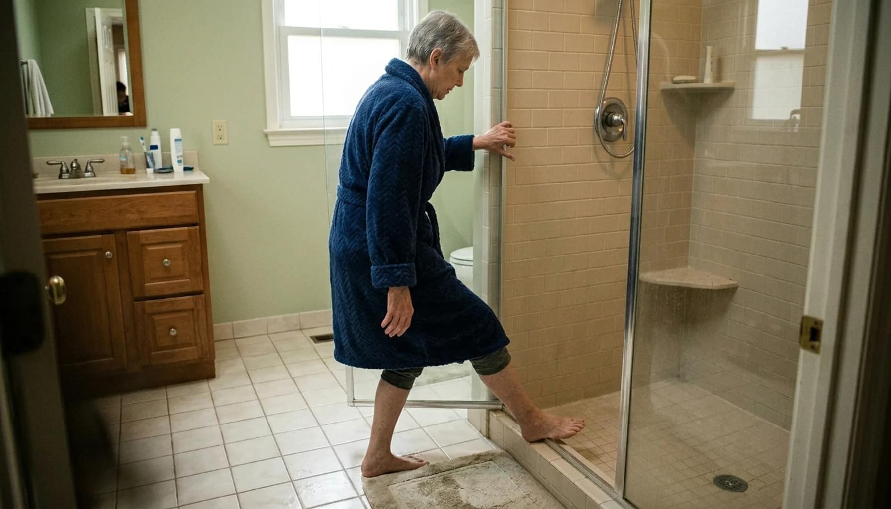 senior stepping into shower carefully touching wall for balance near slip moment