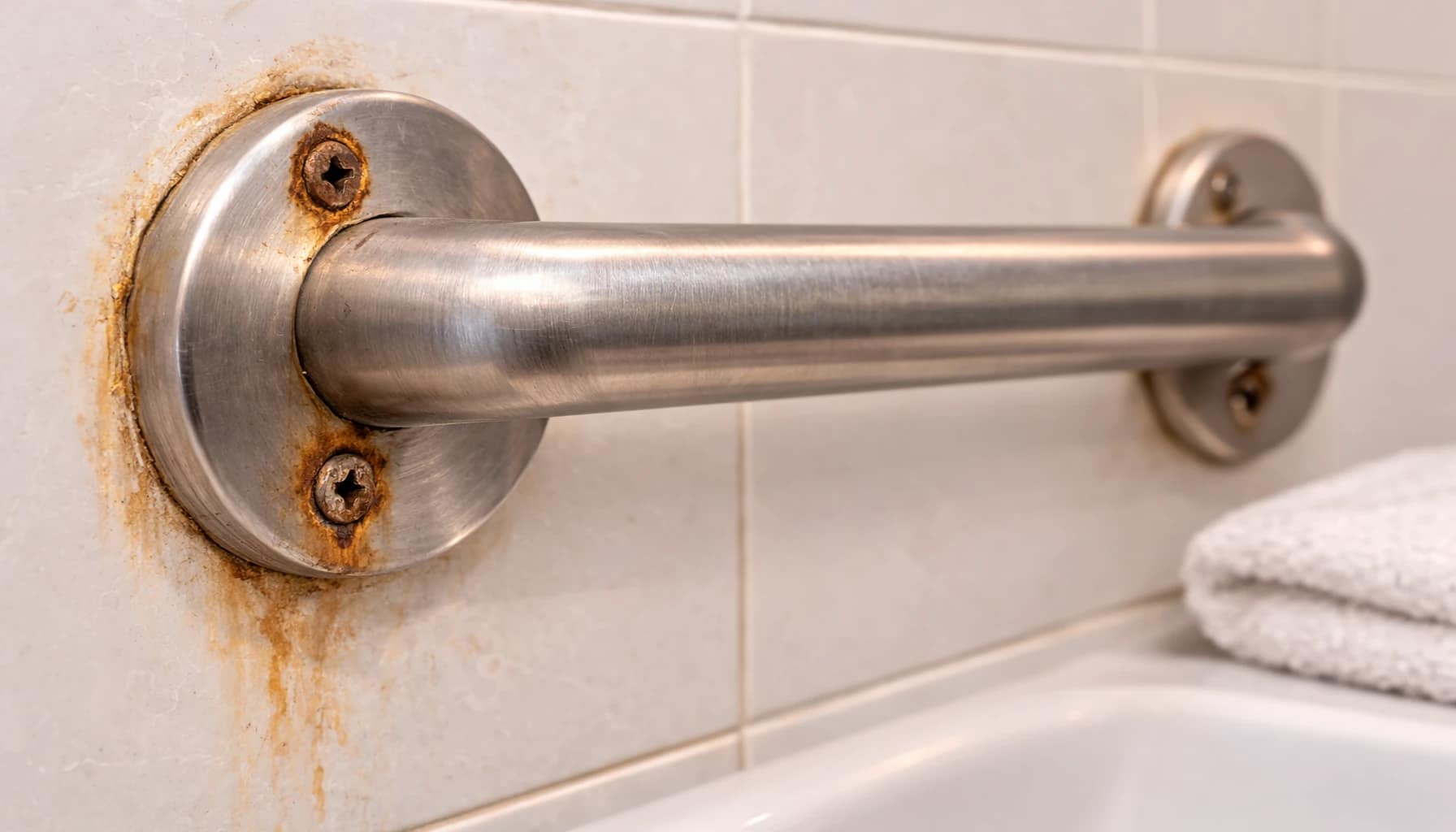 rusted screws and corrosion around a bathroom grab bar mounting plate showing a possible sign the grab bar is not secure