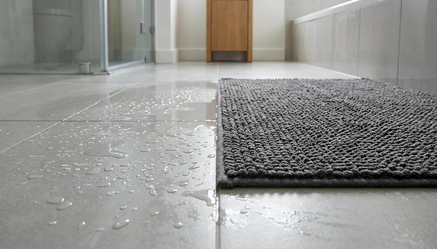 bathroom safety checklist for seniors showing wet tile floor next to non slip bath mat for slip prevention