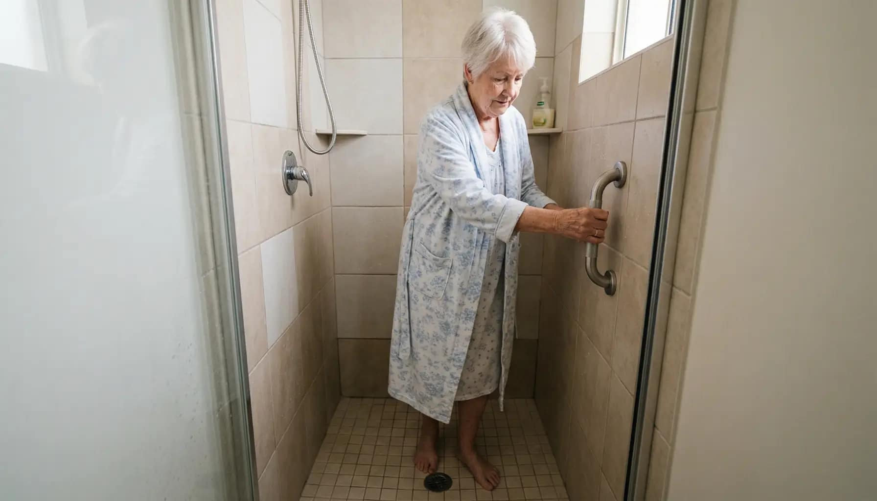 senior using a short grab bar in a small shower space