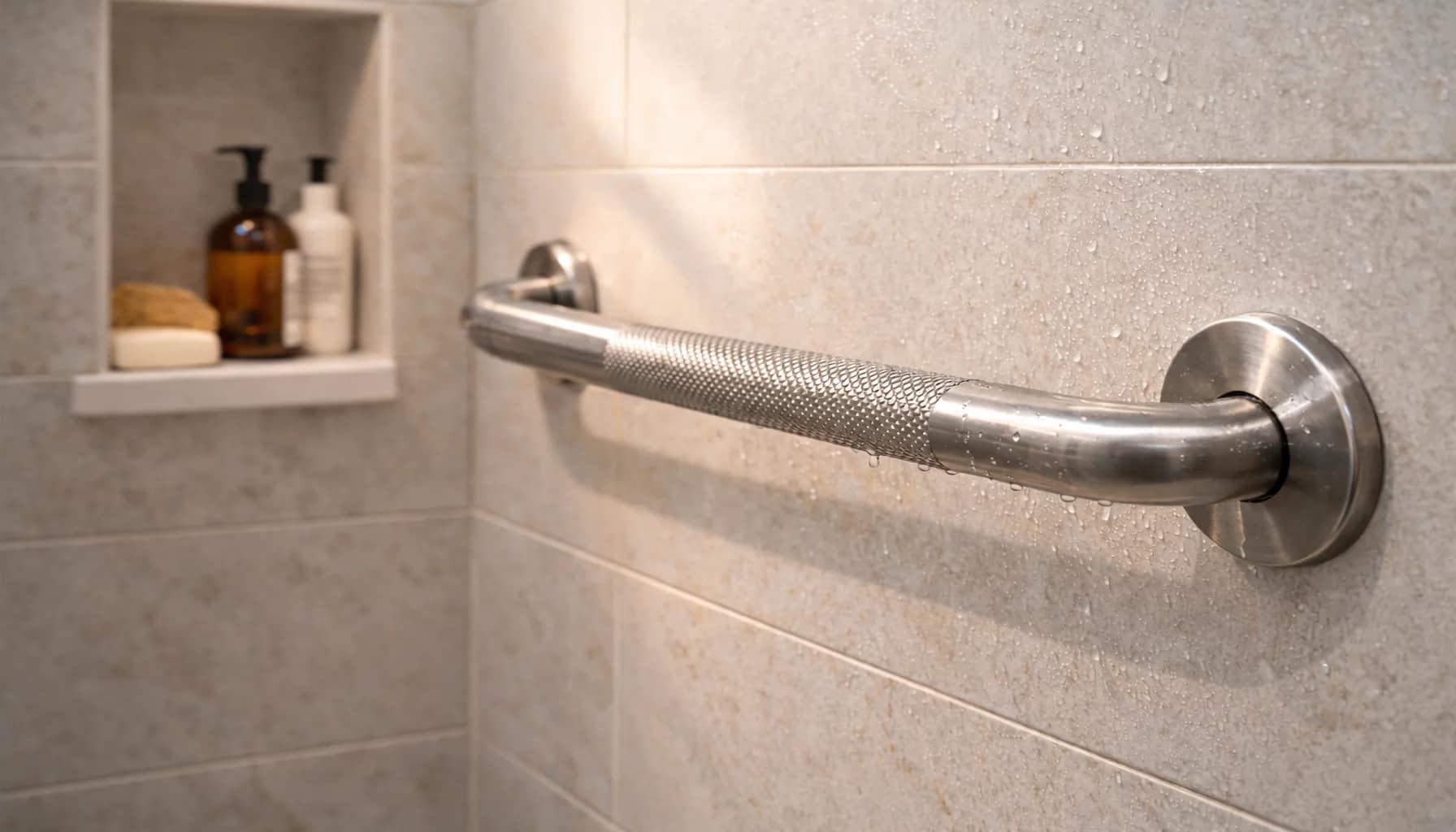 close up of stainless steel grab bar with textured grip surface installed on a tiled shower wall