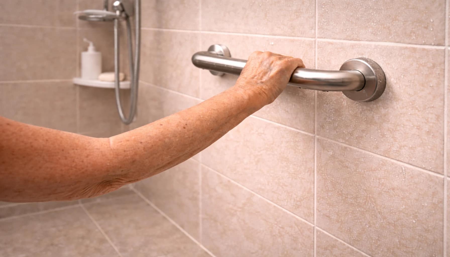 elderly person gripping a stainless steel grab bar in a wet shower for full body weight support