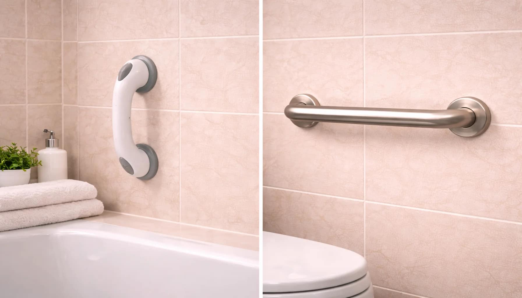are stainless steel grab bars better shown by a comparison between a stainless steel grab bar and a plastic grab bar installed on a bathroom wall