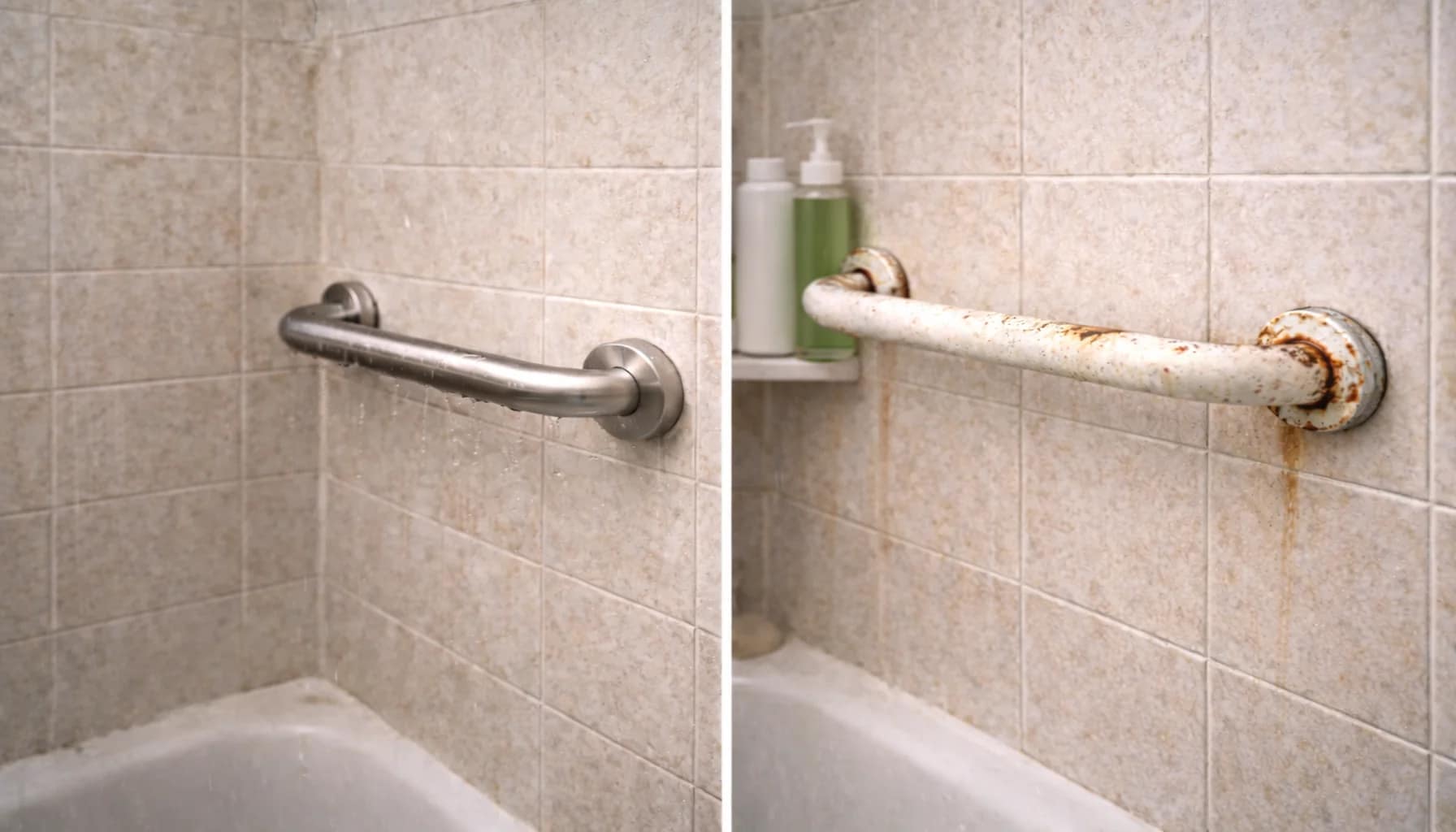 comparison of stainless steel grab bar and lightly rusted metal grab bar exposed to moisture in an older shower
