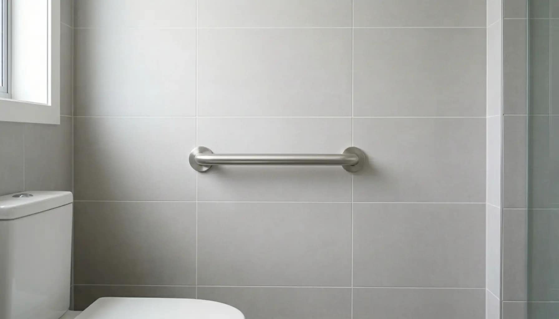 horizontal grab bar installed on a bathroom wall at a standard height