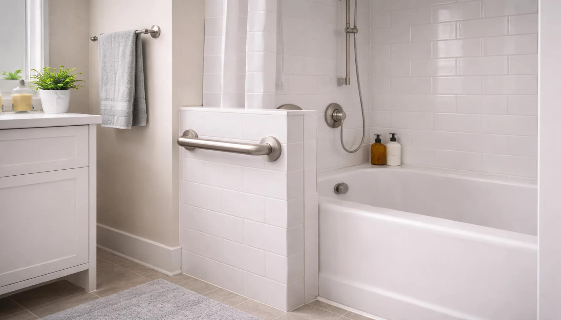 horizontal grab bar installed beside bathtub entry on tiled wall showing a secure stud-mounted installation
