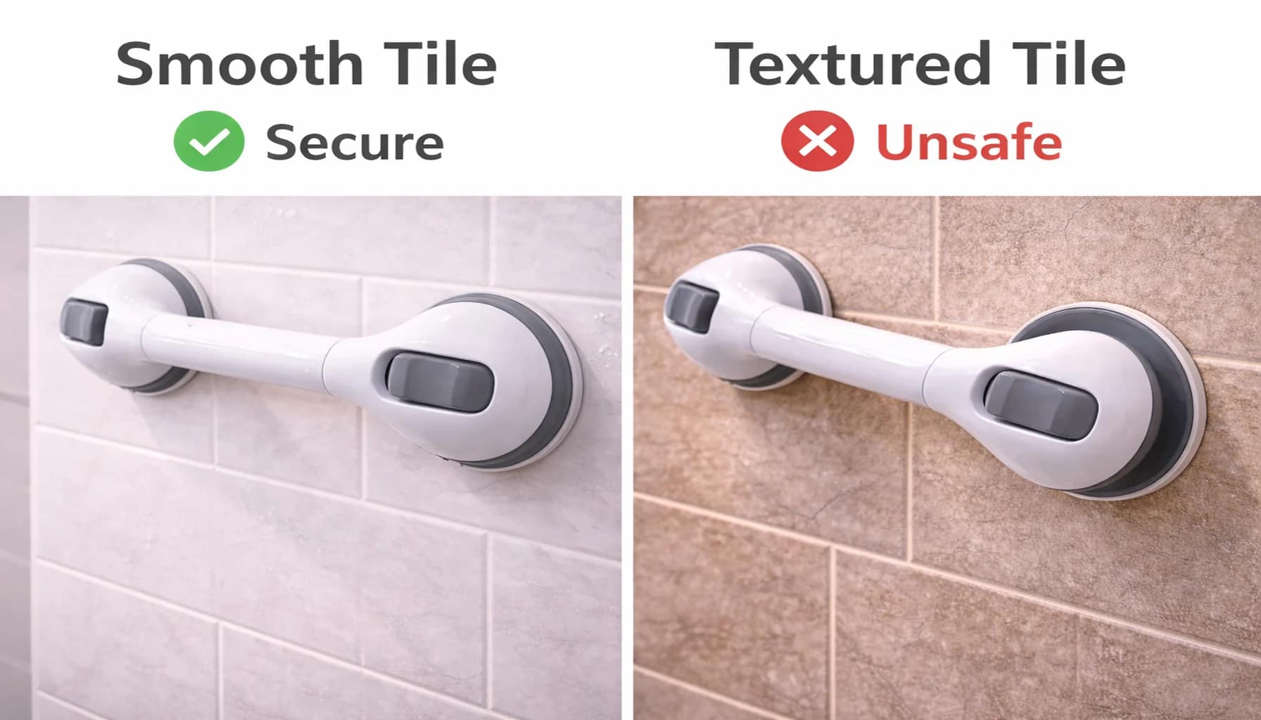 comparison showing suction grab bar securely attached to smooth tile versus poorly attached on textured tile surface