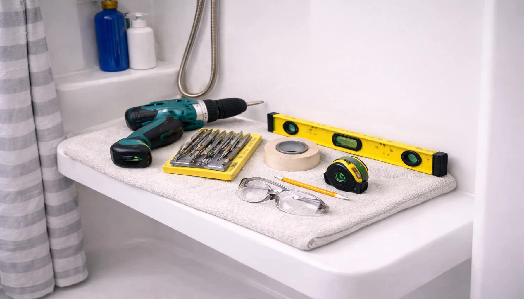 tools needed for how to install grab bars in a fiberglass shower including drill, drill bits, level, tape measure, masking tape and safety glasses
