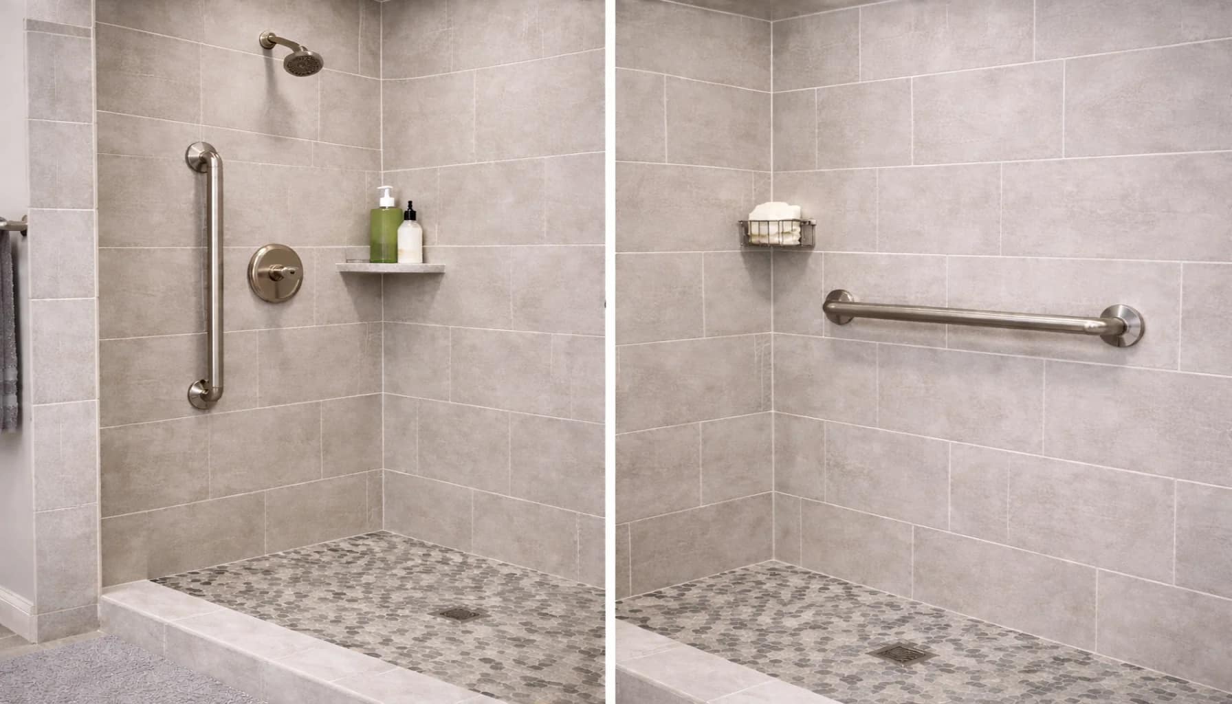 comparison of vertical and horizontal grab bars installed in a tiled shower wall