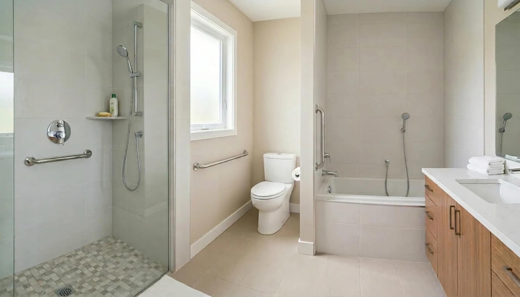 shower toilet and bathtub placements showing where to install grab bars in a bathroom layout