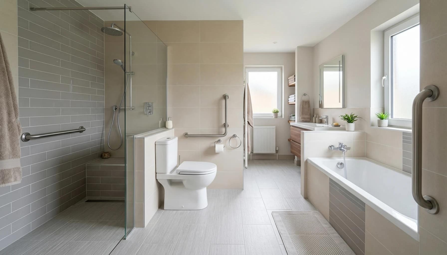 bathroom layout showing grab bars installed in shower, toilet, and bathtub areas