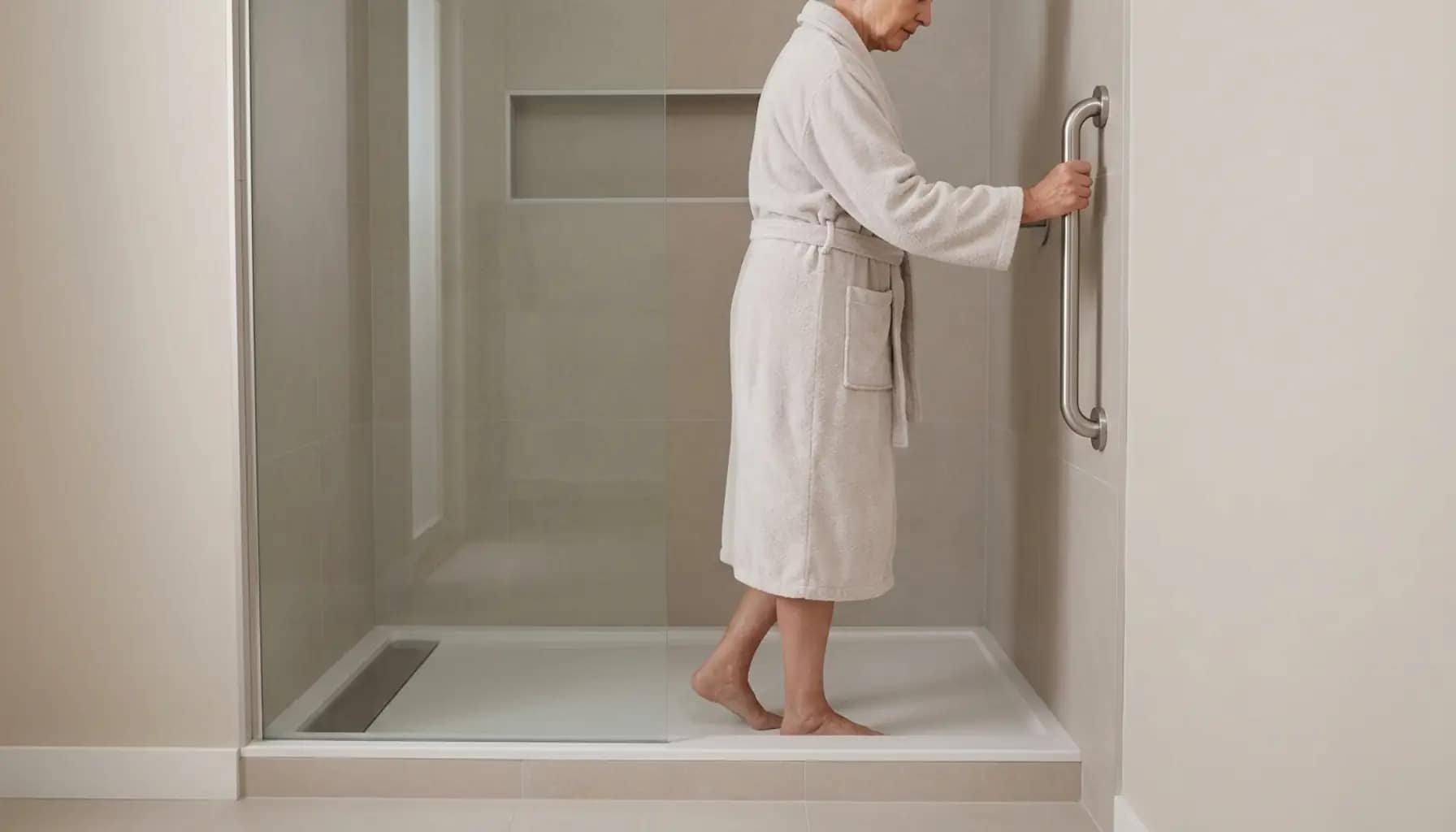 where to place grab bars in a shower showing senior using entry grab bar while stepping in
