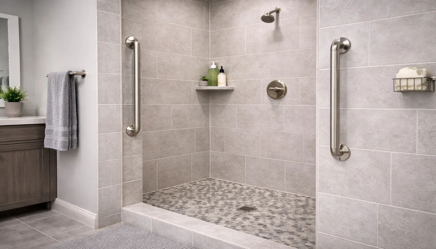 vertical grab bars installed at shower entrance and side wall showing where to place vertical grab bars in a shower