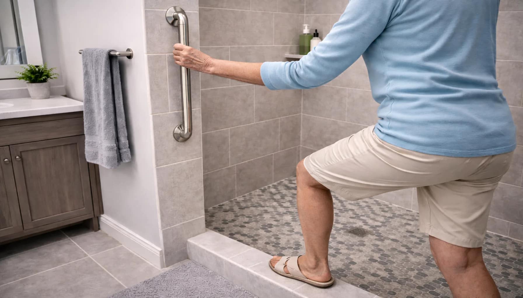 person stepping into a shower while holding a vertical grab bar demonstrating why vertical grab bars work well in showers