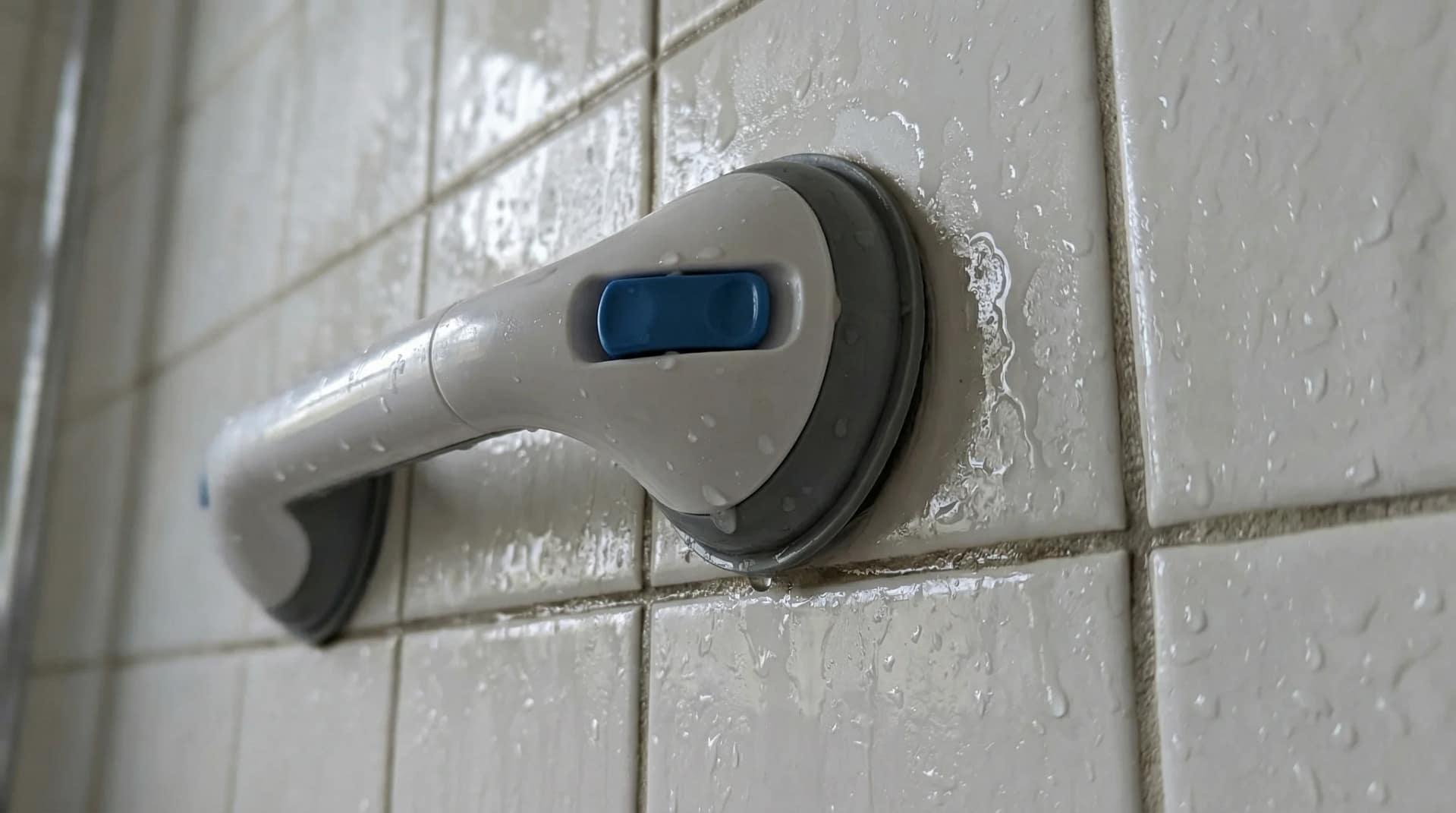 Suction grab bar installed on wet tile surface showing unsafe conditions for grab bars without drilling