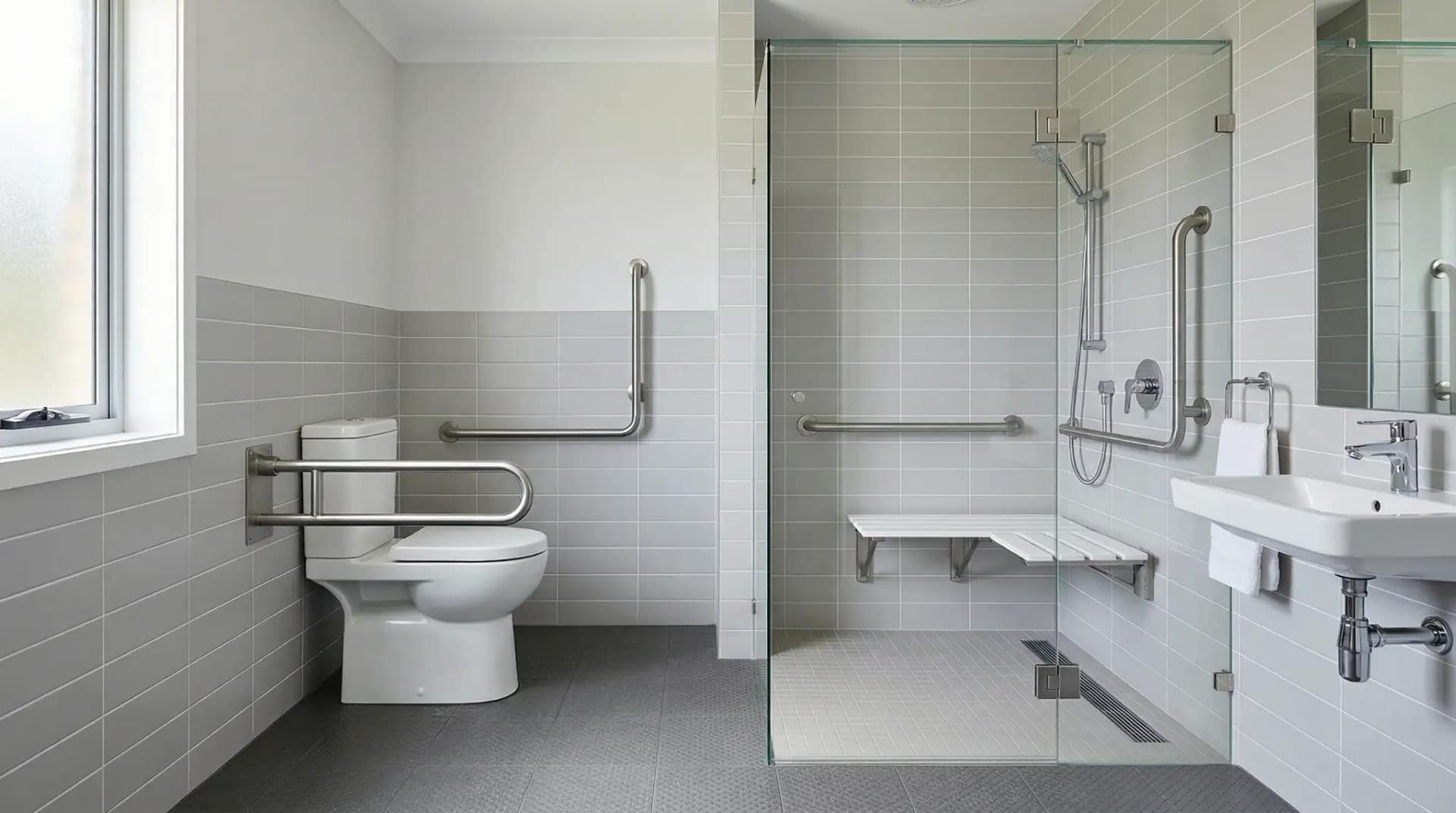 grab bars for disabled seniors installed in an accessible bathroom with toilet and walk-in shower