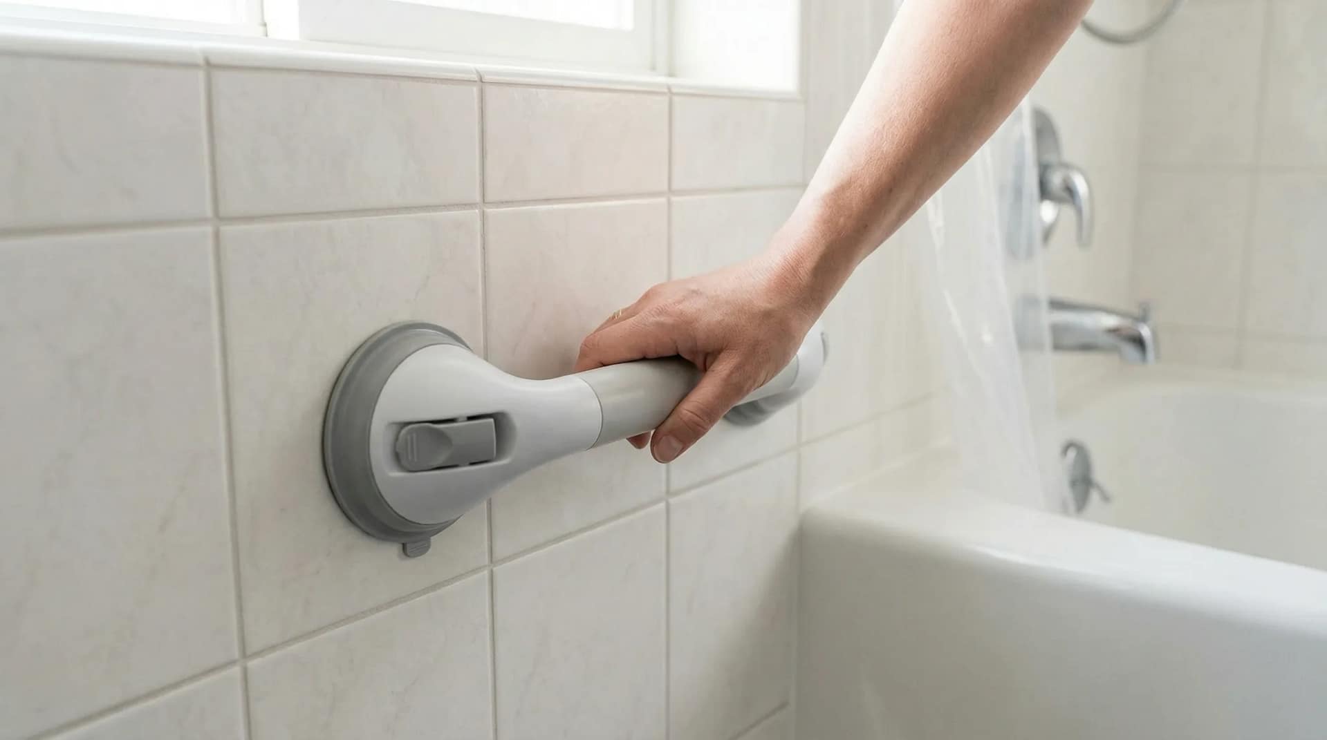 hand lightly holding a suction grab bar installed on a tiled wall next to a bathtub