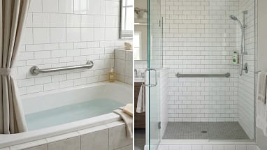 straight grab bars installed horizontally in bathtub and walk in shower for stability and support